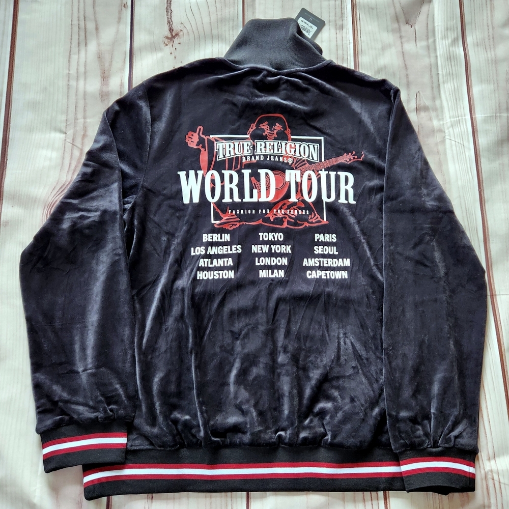 NWT True Religion "Velour World Tour Track Jacket" Black Graphic | Men's Size L - Picture 8 of 12